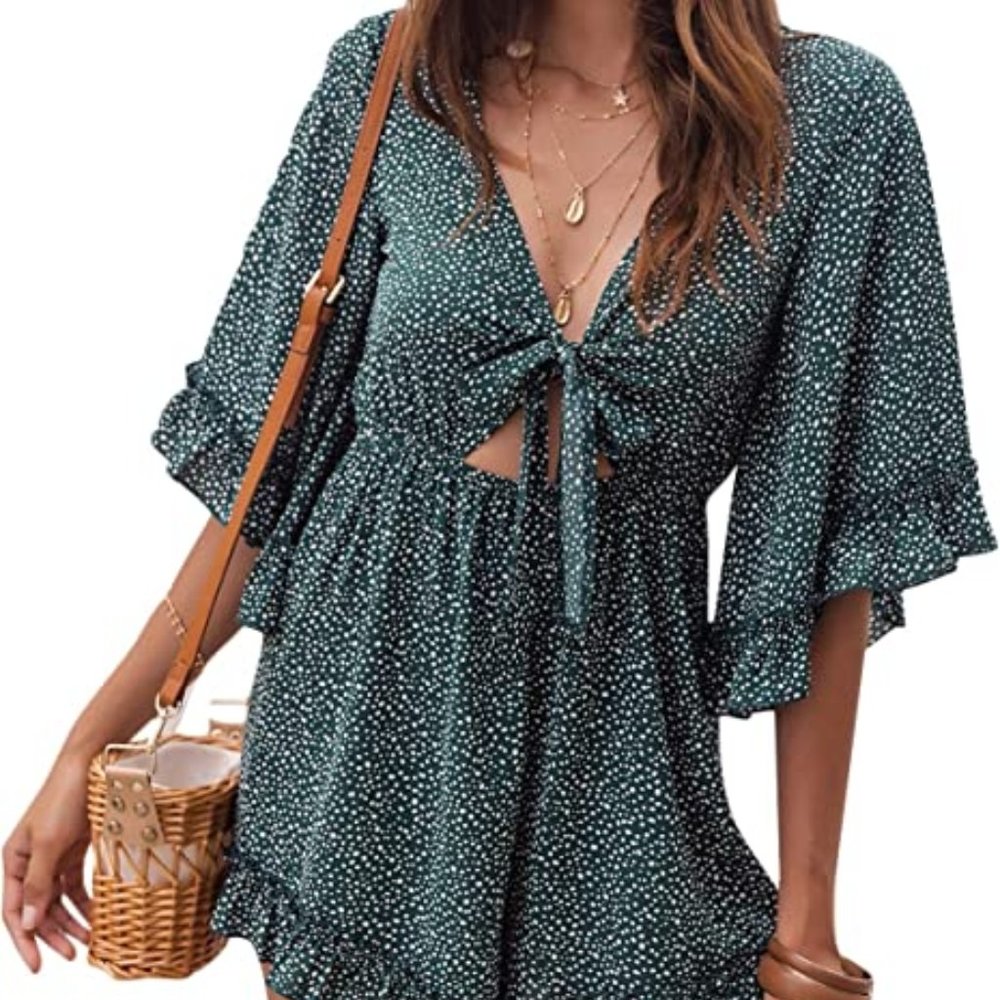 SheIn Women's V Neck Ruffle Half Sleeve Romper Tie Front Dalmatian Short Romper